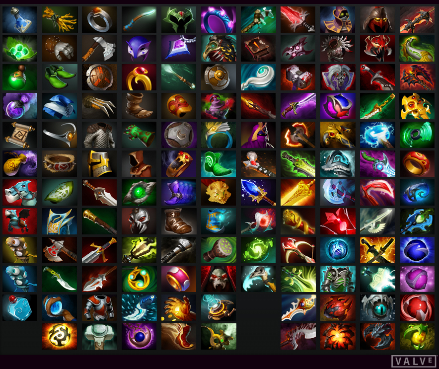 Items icons table in the game Dota 2.